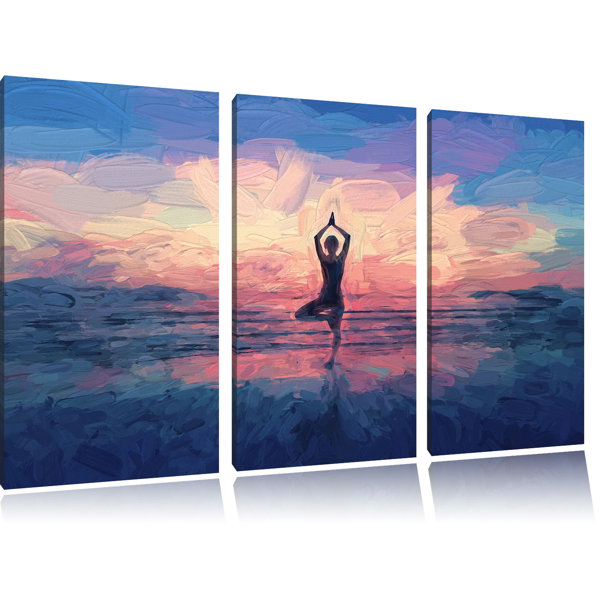 East Urban Home 3-tlg. Leinwandbilder-Set „Yoga am Strand“, Grafikdruck